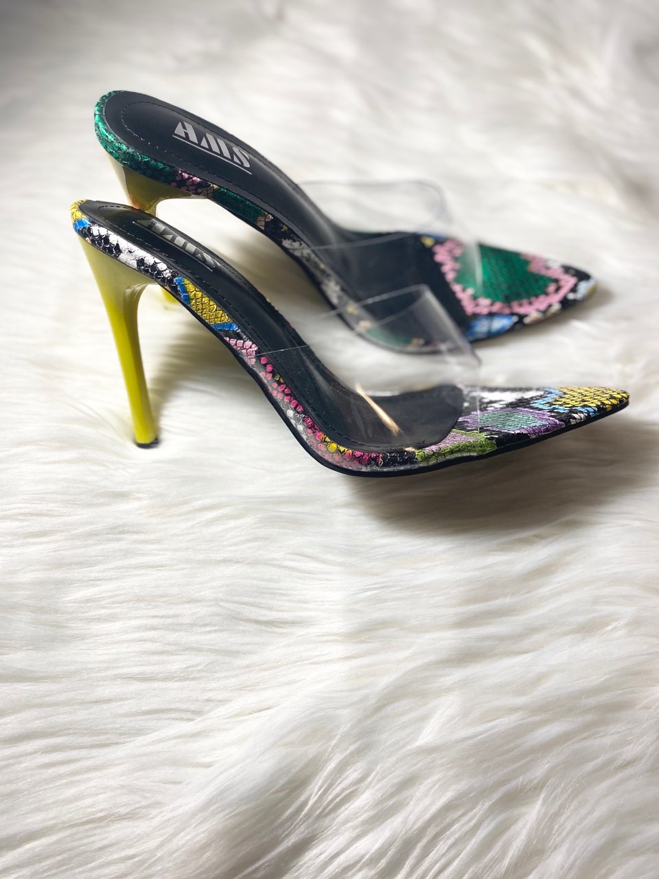 Multicolor Snakeskin Clear Heels